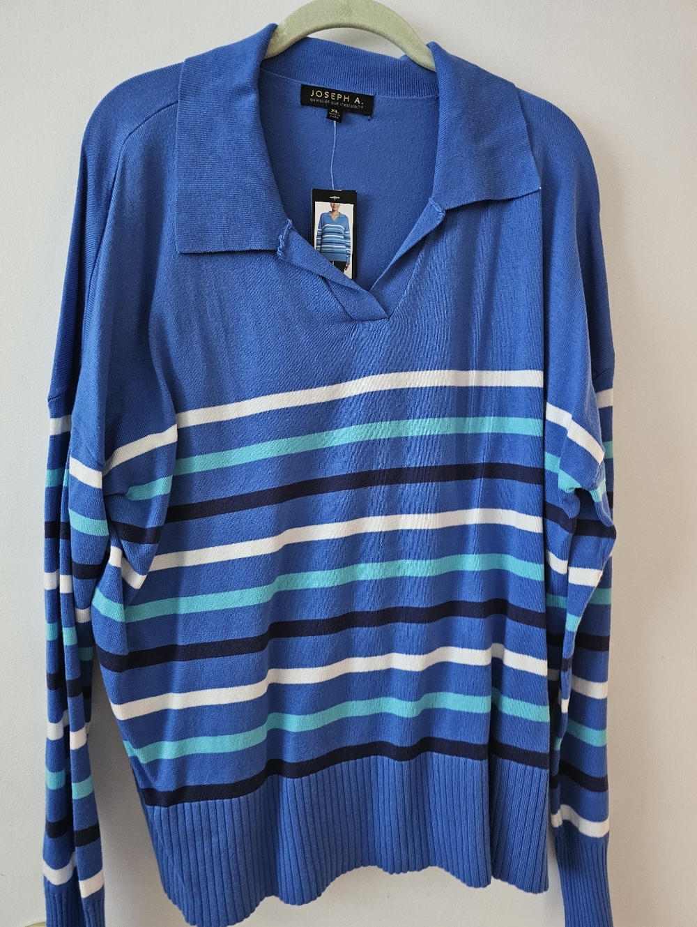 Joseph A Blue Striped Polo Collar Knit Pullover XL New